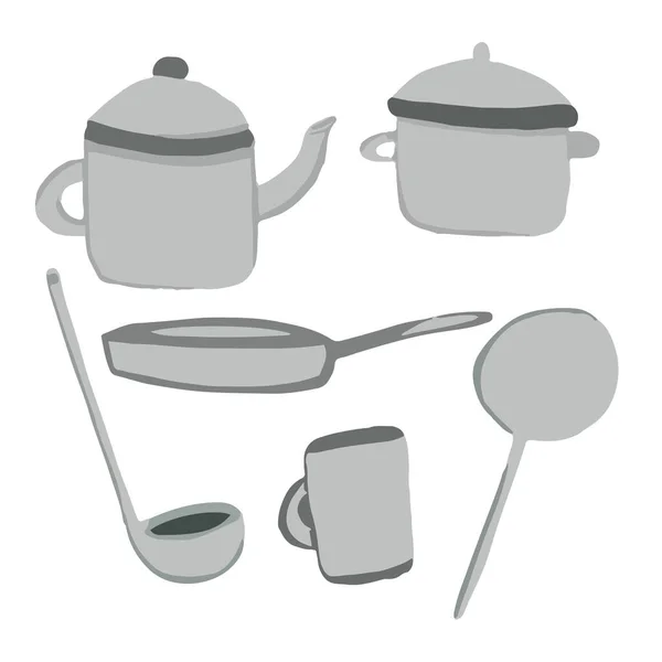 Edénykészlet serpenyő fedéllel, merőkanállal, serpenyővel, vízforralóval, bögrével, serpenyővel és spatulával — Stock Vector