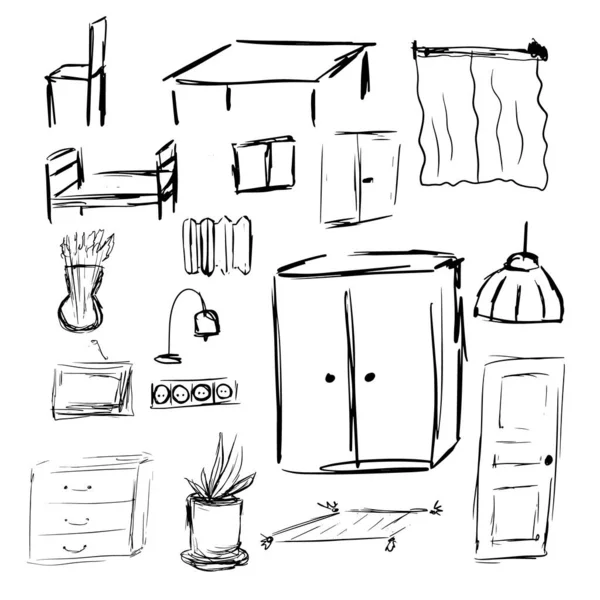 Schiță desenată manual de mobilier și elemente de design interior — Vector de stoc