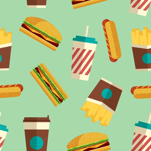 Fastfood pictogrammen patroon in vlakke stijl — Stockvector