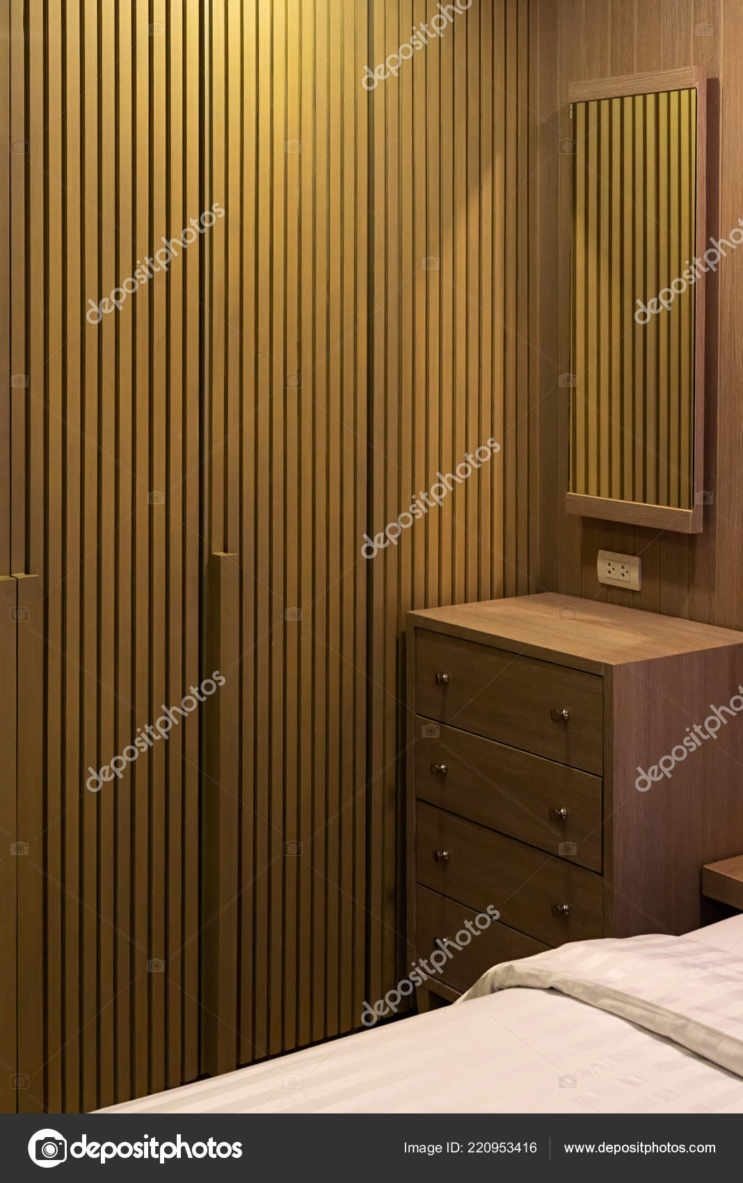 Pattern Wooden Closet Cabinet White Bed Bedroom Stock