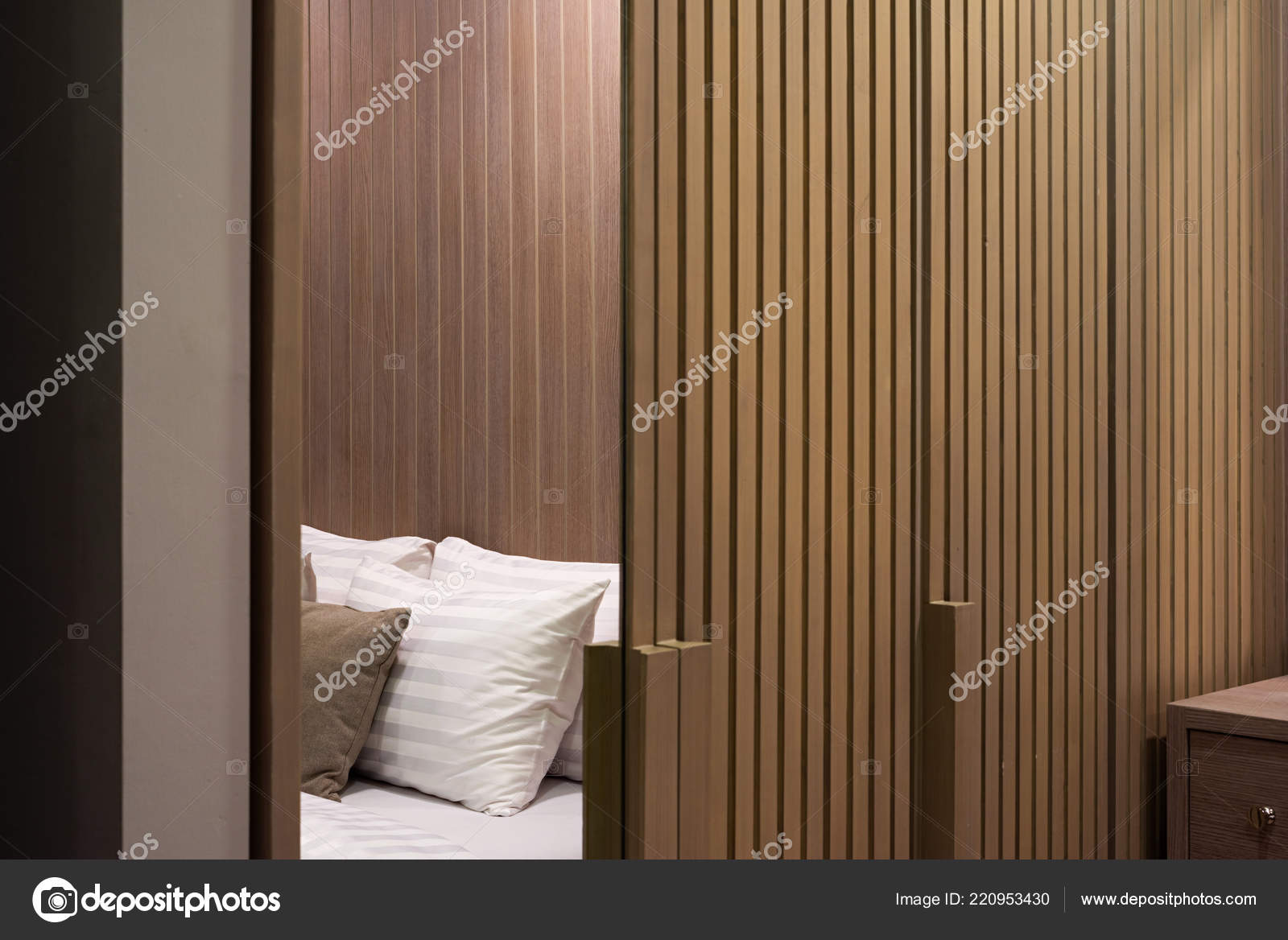 Pattern Wooden Closet Bedroom White Pillows Bed Stock