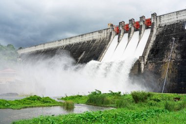 Spillways ve yeşil çim suyu akış ile beton baraj.