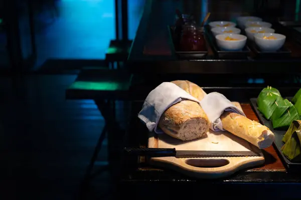 French Baguette Bread Wooden Board Knife Thai Sweets — Stock Photo, Image