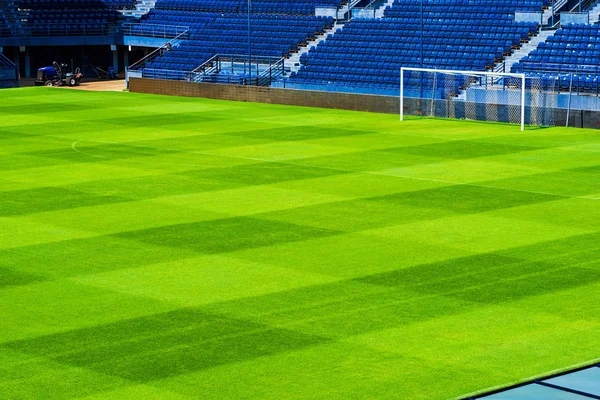 Mavi koltuklar ve çim biçme makinesi ile yeşil futbol sahası