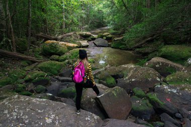 Ormanda nehre bakan pembe sırt çantası ile Asyalı kadın