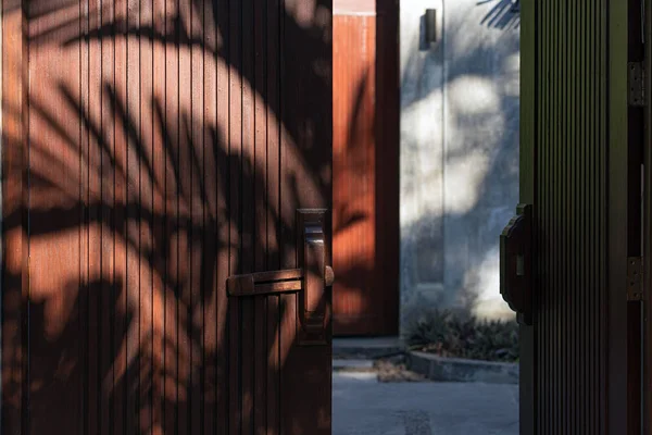 Porte aperte in legno con ombra di palme — Foto Stock