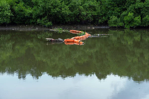 Apelsin sopor samla netto i floden nära Mangrove Forest — Stockfoto