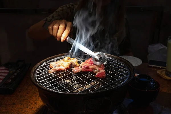 Empuñadura femenina sosteniendo pinzas de comida recogiendo carbón a la parrilla de res Imagen De Stock