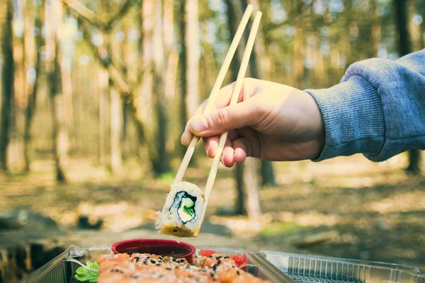 Piknik. Suşi bir yaz gününde açık havada. Gün kapalı park