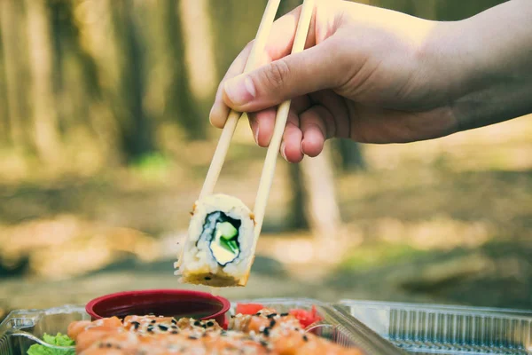 Piknik. Suşi bir yaz gününde açık havada. Gün kapalı park