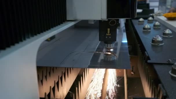 Taglierina laser robotica industriale taglia parti metalliche con grande precisione — Video Stock