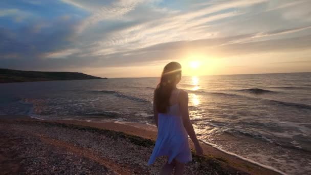 Γυναικεία πόδια της τουριστικής πεζοπόρος ξυπόλητοι στην ακτή στο ηλιοβασίλεμα. Τα πόδια της νεαρής γυναίκας που πηγαίνει κατά μήκος ωκεάνια παραλία κατά την Ανατολή του ηλίου. Το κορίτσι πατάει υγρή άμμο της ακτογραμμής. Αργή κίνηση — Αρχείο Βίντεο