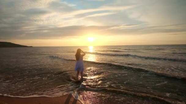 Pés femininos de turista caminhante andando descalço na costa ao pôr do sol. Pernas de mulher jovem indo ao longo da praia do oceano durante o nascer do sol. Menina pisando na areia molhada da costa. Movimento lento — Vídeo de Stock