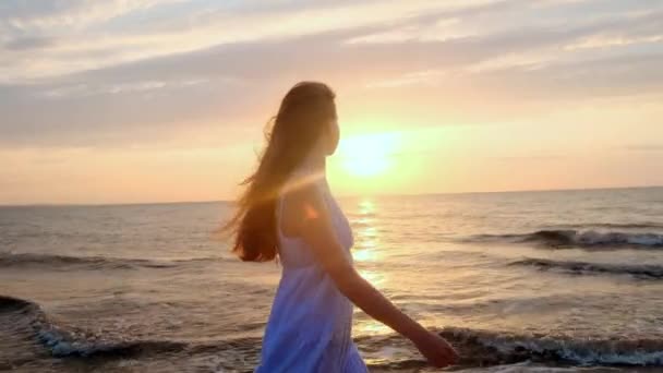 Kobiece stopy turysta turystyczne chodzenie boso na brzegu o zachodzie słońca. Nogi młoda kobieta idąc ocean plaża podczas sunrise. Dziewczyna, stąpając po mokrym piasku, linii brzegowej — Wideo stockowe