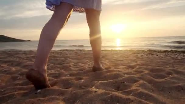 Female feet of hiker tourist walking barefoot on shore at sunset. Legs of young woman going along ocean beach during sunrise. Girl stepping on wet sand of shoreline — Stock Video