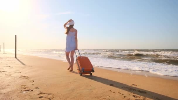 Mladá žena s kufrem sedí na pláži. mladá dívka chodí po pláži s kolečky kufr. Kormoráni po písku podél moře. Dívka hledá sama sebe a dobrodružství. — Stock video