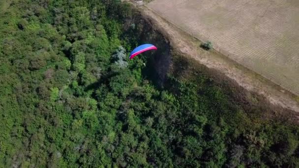 Légifelvételek. A siklóernyő repül át a tengerpartra. A szárny a siklóernyő fújt a szél. A tenger, és erdő sor. — Stock videók