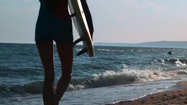 Хрупкая девушка идет по пляжу, держа в руках доску для серфинга. Бегает вечером на закате. Носит гидрокостюм, защитный водонепроницаемый костюм — стоковое видео