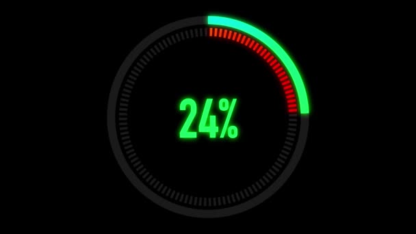 Animation grüner und roter Ladebalken mit Alphakanal. 0-100 Prozent. grüner und roter Kreis auf schwarzem Hintergrund. Download-Seite. Animation laden - 0-100. — Stockvideo