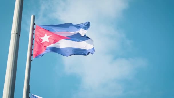 Cuba zwaaien vlag met Havana op achtergrond — Stockvideo