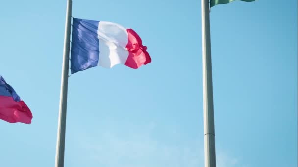 Cámara lenta de la bandera francesa de tela ondeando en frente del cielo azul 1920X1080 FullHD de imágenes - Tricolor bandera de Francia slow-mo que fluye por el día 1080p HD video — Vídeo de stock