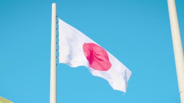 Japonya Bayrak Sallayarak Temiz Mavi Gökyüzü Karşı Ağır Çekimde Ağır — Stok video