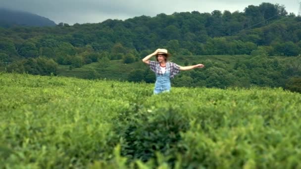 En ung vacker land flicka i en jeans-kostym och en stråhatt löper längs en te eller kaffe plantage. Upplever lycka från resor, oneness med naturen. — Stockvideo
