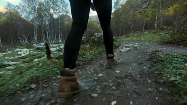 Voetstappen van wandelaar wandelen buiten. voeten lopen op rotsachtig terrein. springen over stenen. — Stockvideo