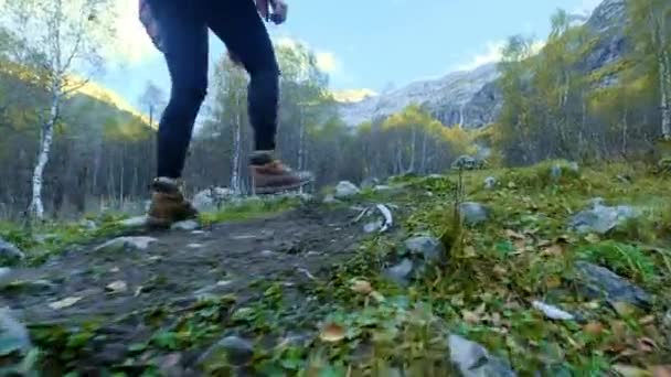 Voetstappen van wandelaar wandelen buiten. voeten lopen op rotsachtig terrein. springen over stenen. — Stockvideo