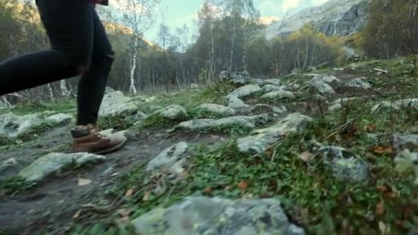 ハイカー アウトドア ハイキングの足の手順。岩場に足を歩いています。石の上をジャンプ. — ストック動画