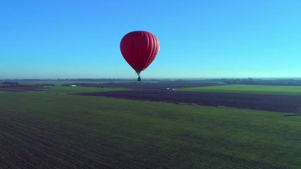 Colourful Red Blue Yellow Colours Hot Air Baloons Aerial Drone Flight Over Beautiful Autumn Forrest at Sunet Mountains Beautiful Landscape Background Sunny Vacation Travel Destination Concept — Stock Video