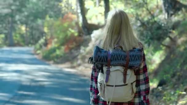 Wanderin trampt auf einem Waldweg und geht. junge glückliche Backpacker Frau auf der Suche nach einer Fahrt, um eine Reise auf einer sonnigen Landstraße zu beginnen — Stockvideo