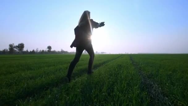 Schoonheid jonge blondie meisje loopt op groene tarweveld over avondrood. Concept van de vrijheid. Gelukkige vrouw buitenshuis. Oogst. Tarweveld in de zonsondergang. Slow motion 120 fps. Slowmo. — Stockvideo