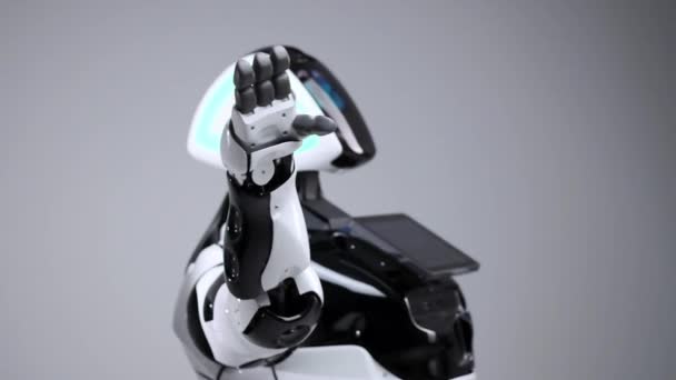 Tecnologías Robóticas Modernas Robot Blanco Moderno Estudio Luminoso Android Saludando — Vídeo de stock