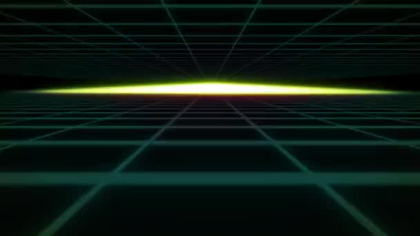 Latar Belakang Retro Futurism 80-an. Latar belakang dengan gaya gelombang retro. Kamera terbang melalui ruang cyber hijau . — Stok Video