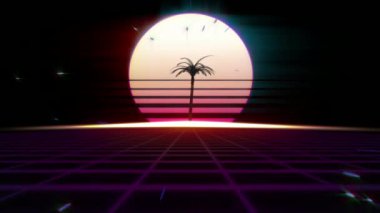 80s retro Fütürizm arka plan. Palmiye ağacı arka plan günbatımı veya güneşin şafağı.