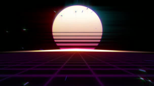 80er Jahre Retro-Futurismus Hintergrund. Sonnenaufgang oder Sonnenuntergang in der digitalen Welt. — Stockvideo