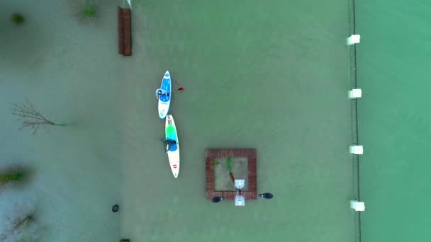 Anapa Rusland - 19.01.2019: Twee renners drijven op de sup surfplanken. Zwemmen tussen de bomen in het oude overstroomd park. Leren surfen. Sup — Stockvideo