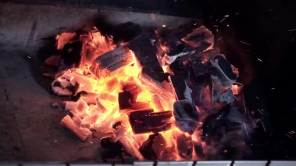肉のバーベキュー。石炭は火で凝り固まった。肉を調理するための準備. — ストック動画
