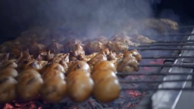 Cook sulu Kebap Barbekü ızgara slowmotion üzerinde kızarmıştı. Barbekü ızgara. Sığır eti ve domuz eti şiş üzerinde parçaları. Sebze şiş üzerinde.