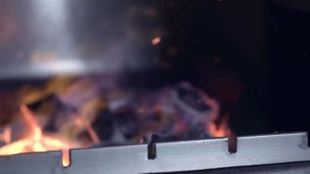 Bbq Για Κρέας Άνθρακα Ερεθίζει Στη Φωτιά Προετοιμασία Για Μαγείρεμα — Αρχείο Βίντεο