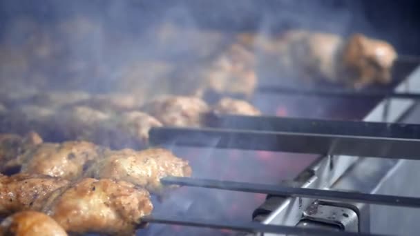 Cozinheiro assados churrasco kebab suculento na lentidão grelha. churrasco no grelhador. Pedaços de carne de vaca e porco em espetos. Produtos hortícolas em espetos . — Vídeo de Stock