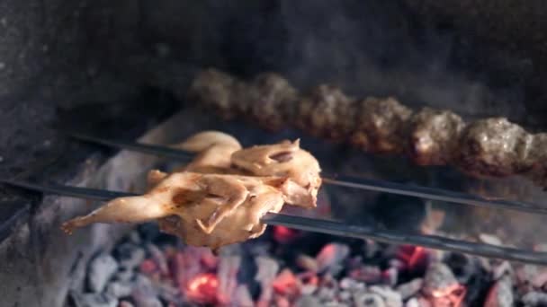 Bliska gotowanie grilla Przepiórka ptak z pokrętła na gorący węgiel — Wideo stockowe