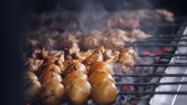 Cook roasts juicy kebab barbecue on the grill slowmotion. grilled meat and vegetables on fire — Stock Video