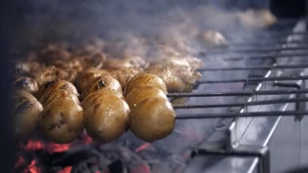 Cook Roasts Juicy Kebab Barbecue Grill Slowmotion Grilled Meat Vegetables — Stock Video