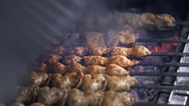 Kokken griller saftig kebab-grill på grillen. grillet kjøtt og grønnsaker i brann – stockvideo