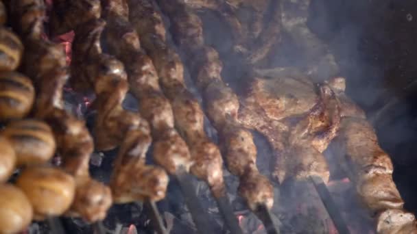 Cook pieczenie soczysty kebab Grill na grill slowmotion. Grill na grill. Kawałki wołowiny i wieprzowiny na szaszłyki. Warzywa na szaszłyki. — Wideo stockowe