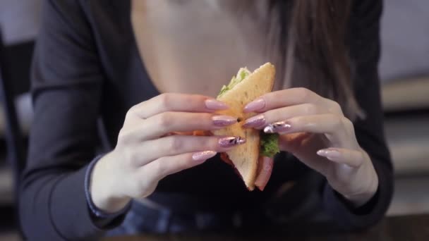 섹시 한 젊은 소녀 먹는다 sedvich. 클로즈업. 빠른 간식 및 비만 학회 개념. 프리랜서를 위한 음식 — 비디오