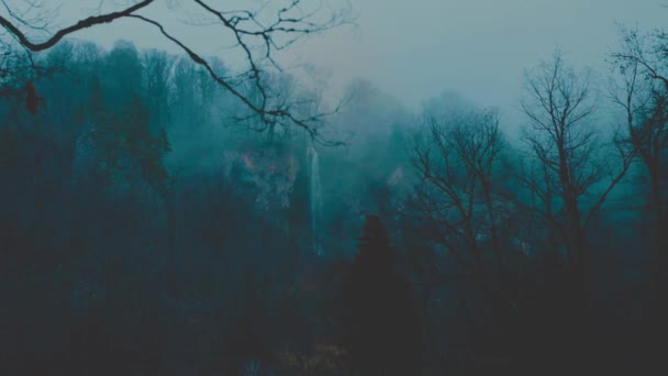 Bosque sombrío de niebla en las montañas. Desde las cimas de la montaña una cascada desciende de un río de montaña. Paisaje triste siniestro . — Vídeos de Stock