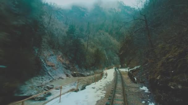 Старий поїзд або локомотив подорожує вузькоколійною залізницею у вузькій ущелині. Поїзд їде вздовж нижньої частини ущелини, поруч з гірською річкою . — стокове відео